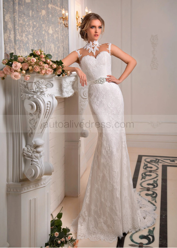 High Neck Ivory Lace Tulle Sheer Back Vintage Wedding Dress